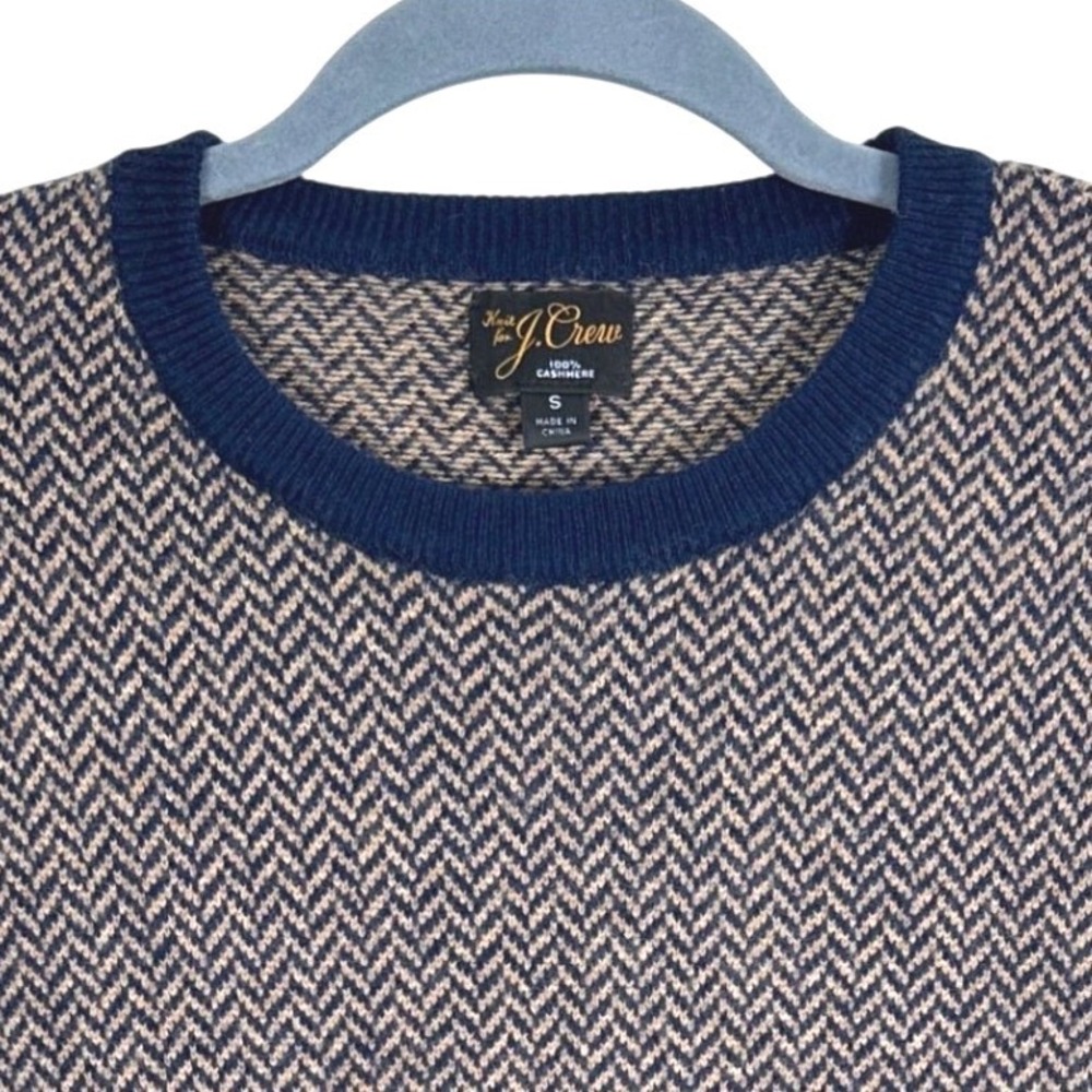 J Crew 100% Cashmere Herringbone Crewneck Sweater Men's Size S Navy Beige
